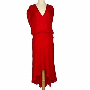 Red haute hippie drawstring high low dress deepv